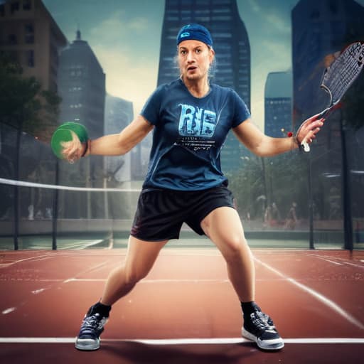 Create image of Me dominating in pickleball in Mythological style with City background