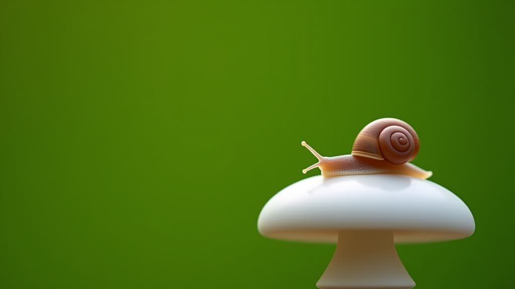  a tiny snail resting on a white mushroom against a green backdrop perfect for copy space image