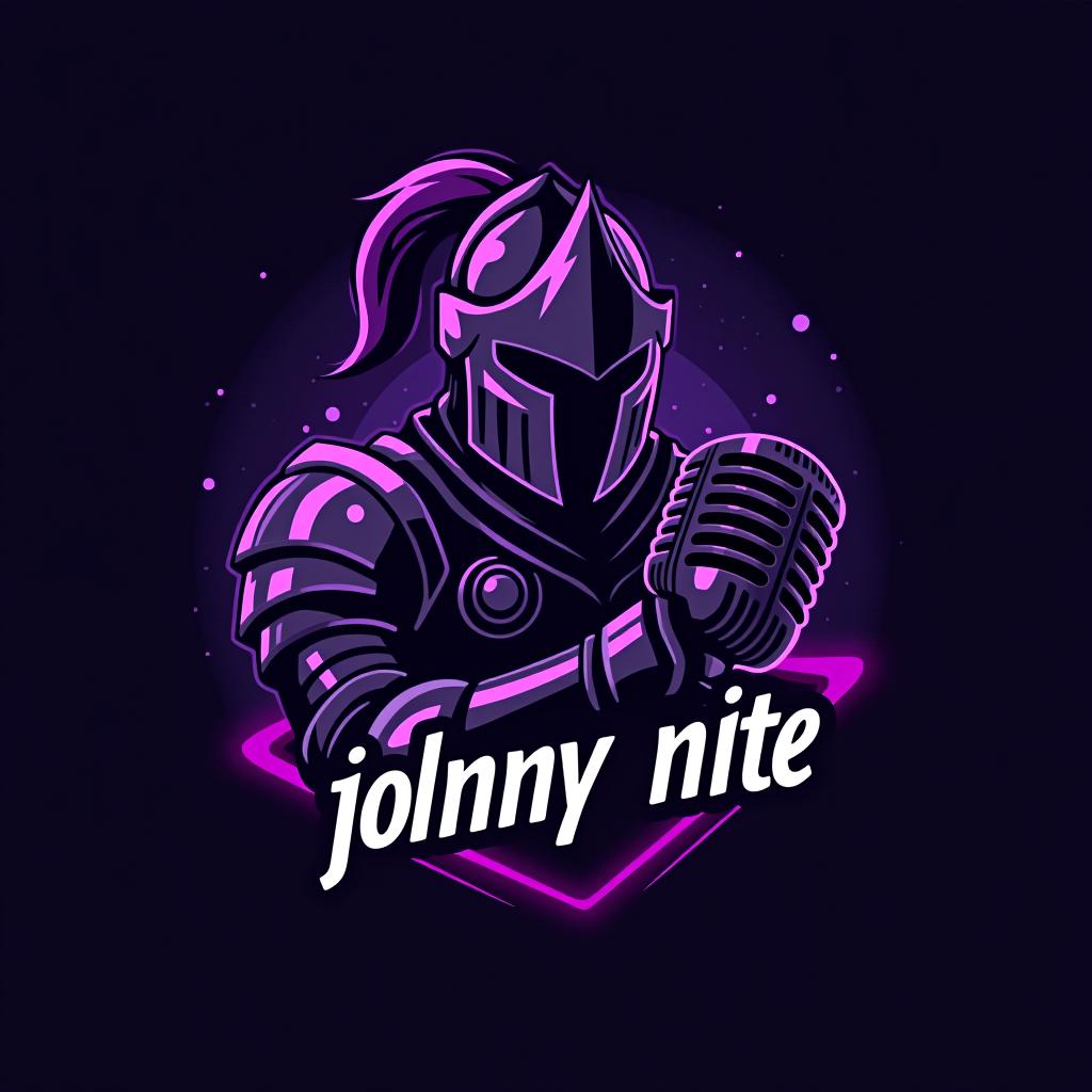  design a logo, in a geometric style. knight with a gaming mic graffiti purple and black, with the text 'johnny nite'.