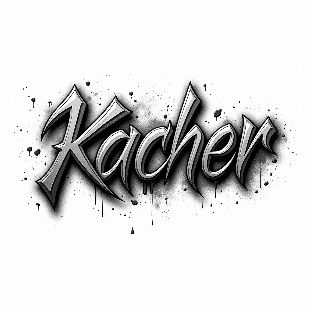  text "kacher", handwriting font, sharp, rock, metallic, black and white typography logo,dark graffiti font, white background hyper detail, intricate details, sharp focus, high resolution, 8k, ultra detailed, vib