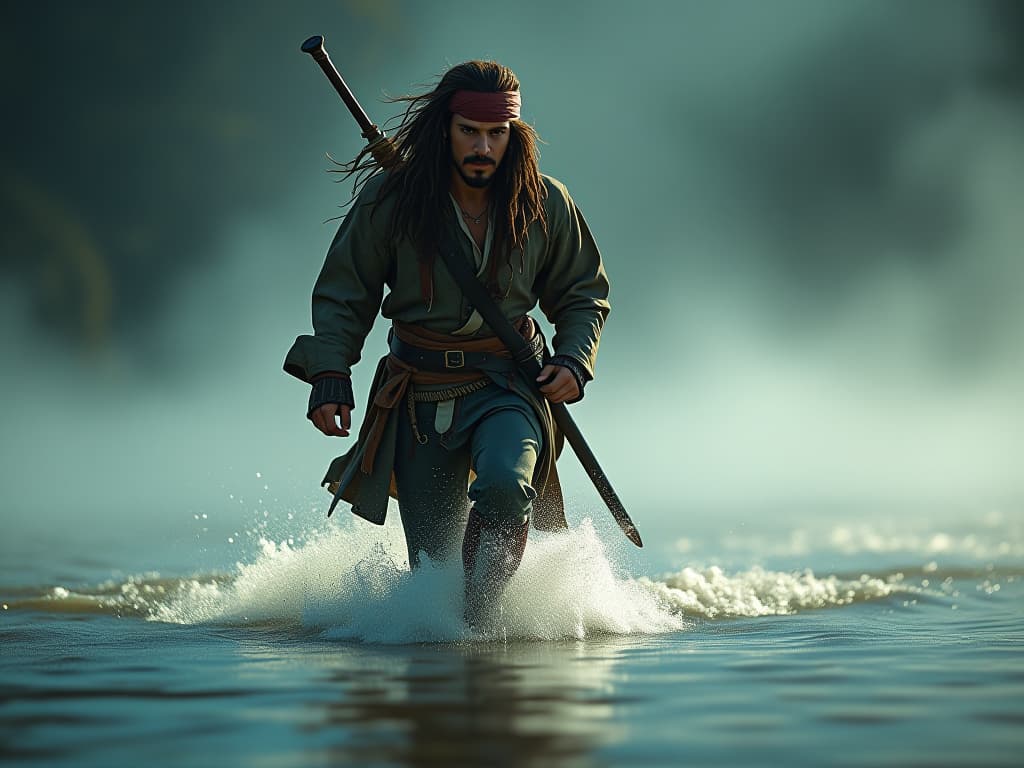  jack sparrow running on water hyperrealistic, full body, detailed clothing, highly detailed, cinematic lighting, stunningly beautiful, intricate, sharp focus, f/1. 8, 85mm, (centered image composition), (professionally color graded), ((bright soft diffused light)), volumetric fog, trending on instagram, trending on tumblr, HDR 4K, 8K