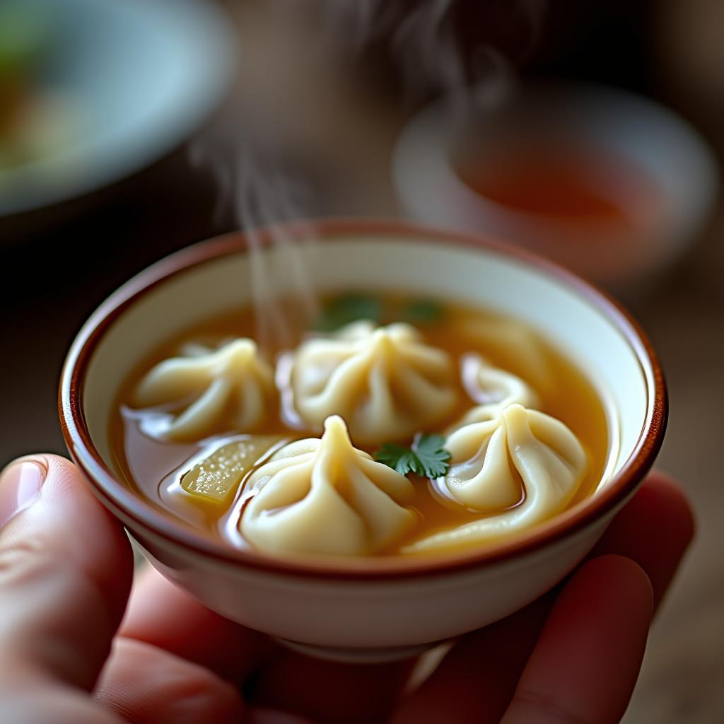  (((person))), (((hand))), miniature soup bowl, chinese dumplings and broth, close up shot, canon 50mm lens, detailed food, steam rising, appetizing, food photography, soft focus background, highly detailed photo, sharp details, best quality, 4k, raw photo