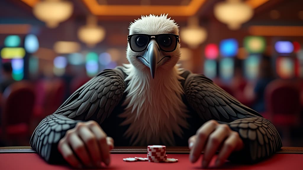  a vulture wearing sunglasses sits in a casino, ready to gamble