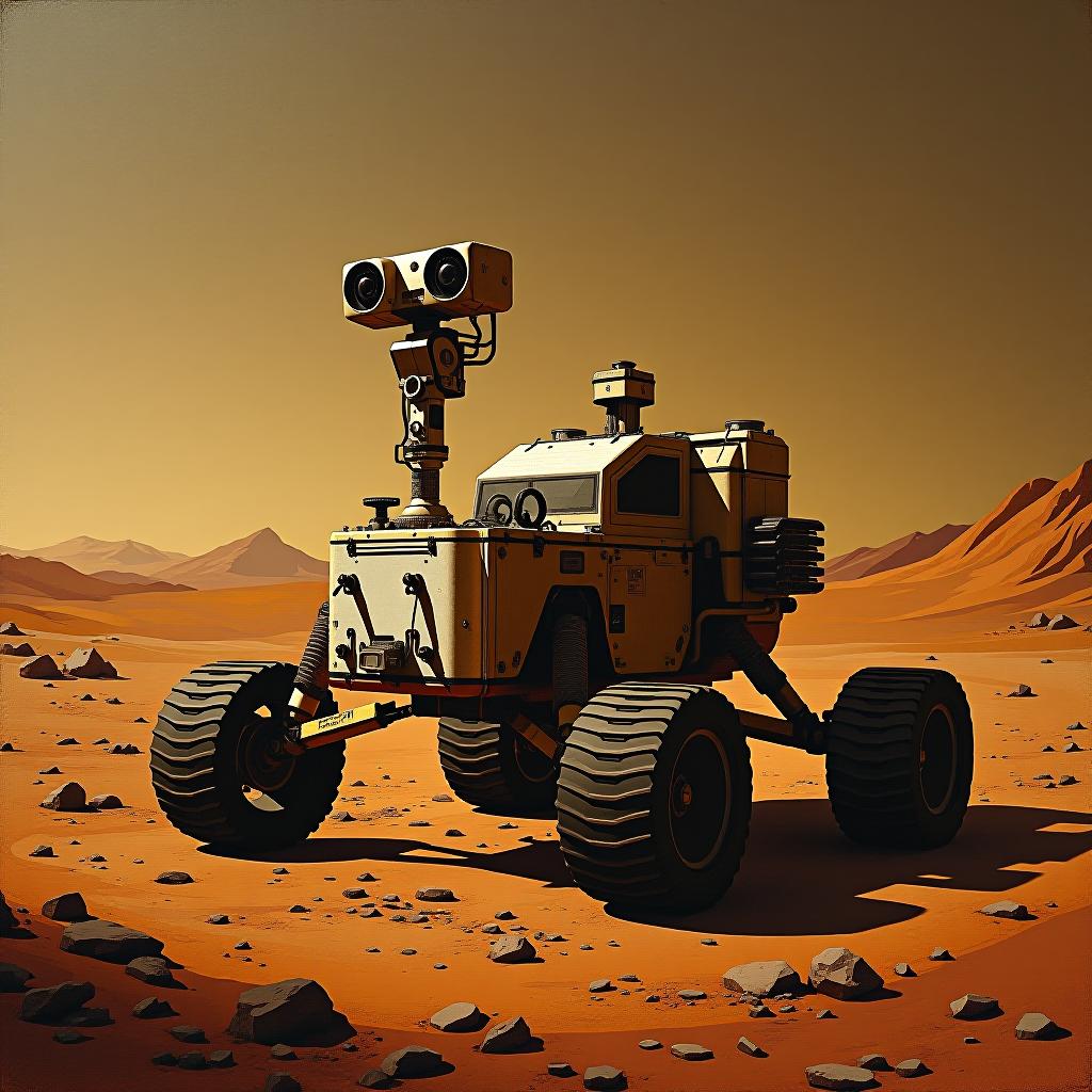  please create a renaissance style painting of a mars rover. use techniques like chiaroscuro and a warm color palette.