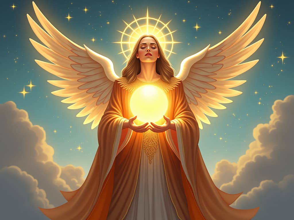  a celestial being with glowing robes, holding a radiant orb, cosmic symbols revolving around, serene sky backdrop, energy of affirmation. the style is digital art illustration,highly detailed, whimsical,magical, dreamlike atmosphere, realism and fantasy blend, smooth, glossy textures,luminous quality, wonder and enchantment.