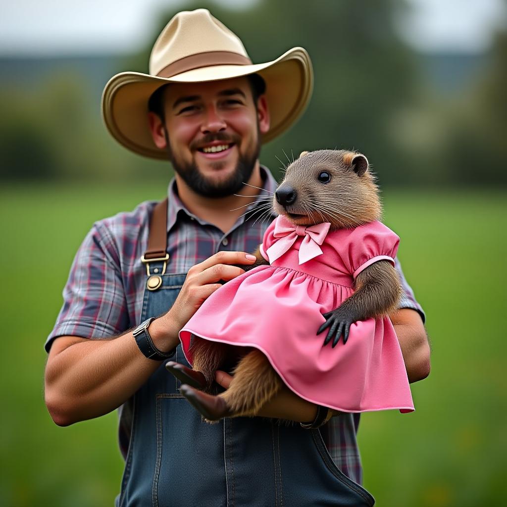  a man farmer is holding a girl beaver dressed in a pink dress with a bow.