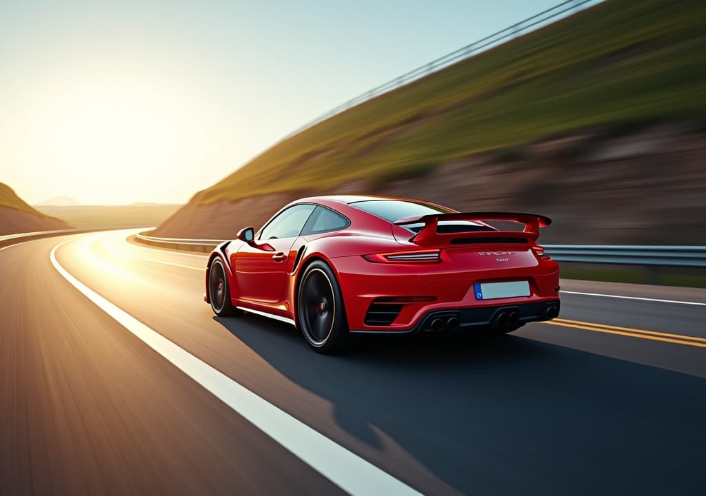  red business car on high speed in turn. super car rushing along a high speed highway with motion speed in sunny day.