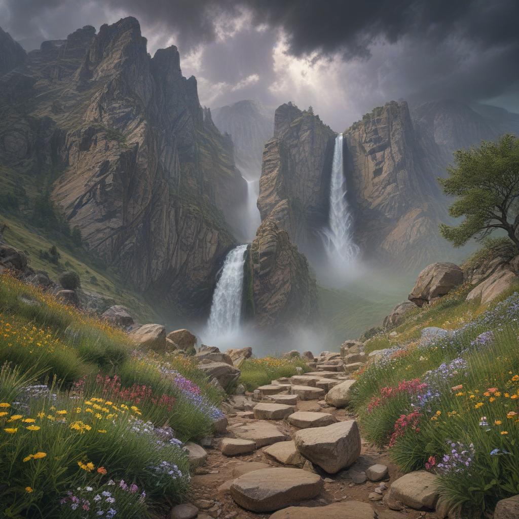 ((masterpiece)),(((best quality))), 8k, high detailed, ultra detailed, a rocky mountain path, wildflowers in bloom, a waterfall cascading down the rocks, a flock of birds flying in the distance, a dramatic storm approaching hyperrealistic, full body, detailed clothing, highly detailed, cinematic lighting, stunningly beautiful, intricate, sharp focus, f/1. 8, 85mm, (centered image composition), (professionally color graded), ((bright soft diffused light)), volumetric fog, trending on instagram, trending on tumblr, HDR 4K, 8K