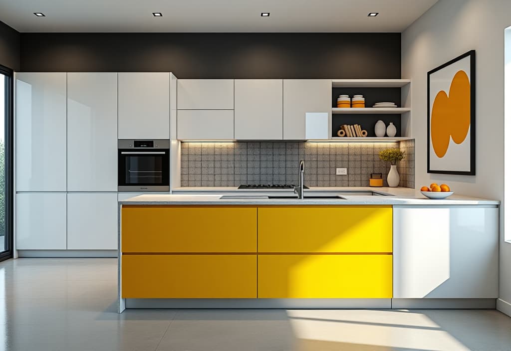  a landscape photo of a contemporary kitchen with a dramatic charcoal gray accent wall, glossy white cabinets, and pops of vibrant yellow in decor elements, featuring a geometric tile backsplash, shot from a low angle hyperrealistic, full body, detailed clothing, highly detailed, cinematic lighting, stunningly beautiful, intricate, sharp focus, f/1. 8, 85mm, (centered image composition), (professionally color graded), ((bright soft diffused light)), volumetric fog, trending on instagram, trending on tumblr, HDR 4K, 8K