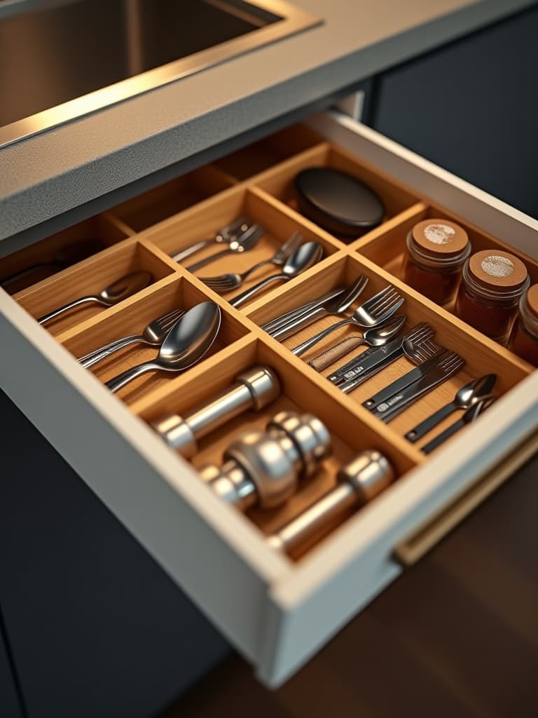  high quality portrait photo of a close up of a contemporary kitchen drawer system with customizable dividers, showcasing organized storage for utensils, spices, and small appliances hyperrealistic, full body, detailed clothing, highly detailed, cinematic lighting, stunningly beautiful, intricate, sharp focus, f/1. 8, 85mm, (centered image composition), (professionally color graded), ((bright soft diffused light)), volumetric fog, trending on instagram, trending on tumblr, HDR 4K, 8K