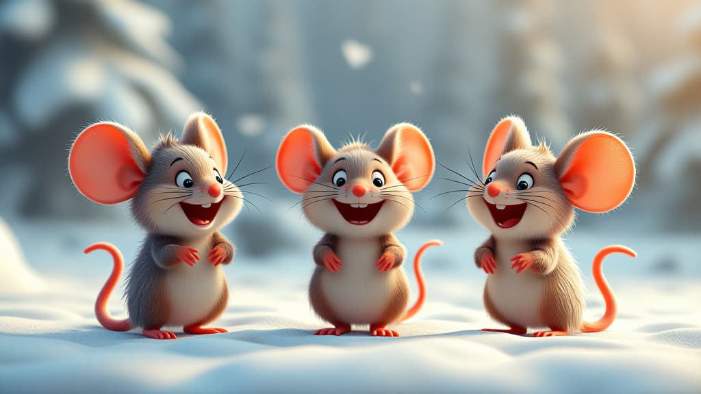  3d joyful friendly cartoon mice on a snowy white canvas, high quality, high details, hd, perfect composition, 4k epic detailed, highly detailed, sharp focus, high resolution