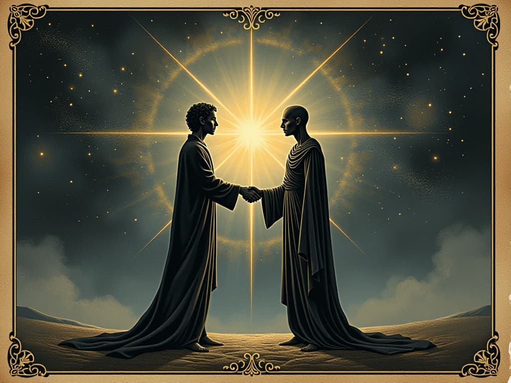  two figures shaking hands, framed by a backdrop of a luminous galaxy, ethereal light connecting them, surrounding space filled with stars and cosmic dust, mutual learning, divine union. an illustration in the style of a worn, mystical old tarot trump card, mysterious and elements of surrealism. the colors are muted, somber and eerie, but with contrast bring out an occult and esoteric vibe.