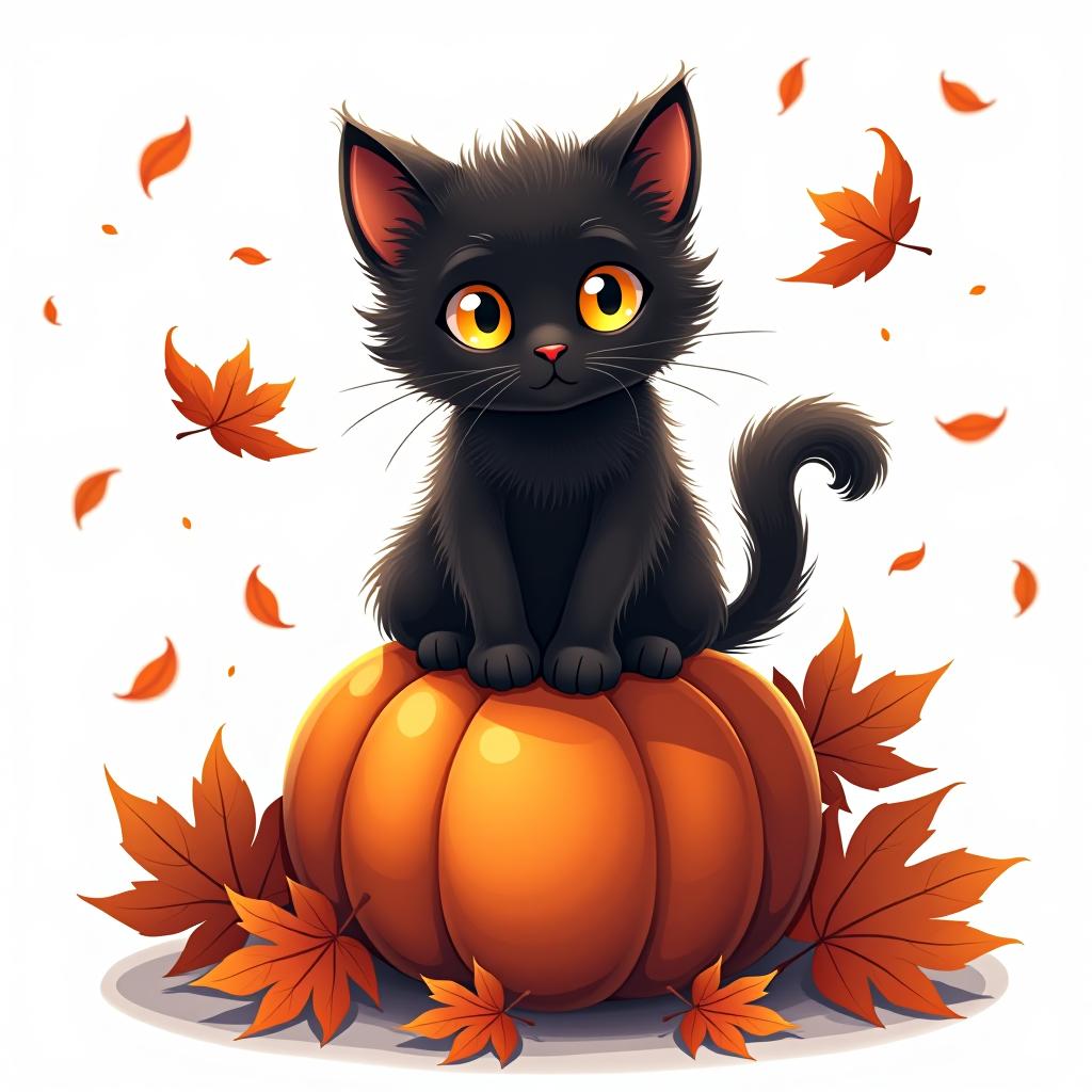  a cute black cat with glowing eyes sitting on a pumpkin, surrounded by swirling autumn leaves in a whimsical style, with warm, moody lighting. t shirt design, vector, contour, white background, no mockup hyperrealistic, full body, detailed clothing, highly detailed, cinematic lighting, stunningly beautiful, intricate, sharp focus, f/1. 8, 85mm, (centered image composition), (professionally color graded), ((bright soft diffused light)), volumetric fog, trending on instagram, trending on tumblr, HDR 4K, 8K