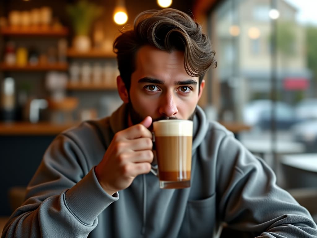  a man drinking mocha at a cafe with text "favourit image" on the image, masterpiece, best quality