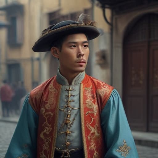 Chinese men in a baroque town in southern Italy hyperrealistic, full body, detailed clothing, highly detailed, cinematic lighting, stunningly beautiful, intricate, sharp focus, f/1. 8, 85mm, (centered image composition), (professionally color graded), ((bright soft diffused light)), volumetric fog, trending on instagram, trending on tumblr, HDR 4K, 8K