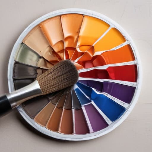 An image of a palette of hair dyes and a brush on a table, with a color chart in the background, studio lighting, detailed, realistic