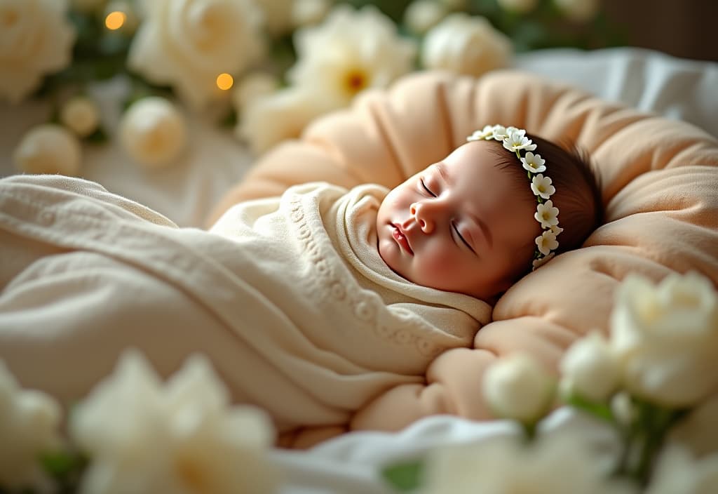  hyperrealistic art a newlyborn baby sleeps in a bed in a flower pillow, around her many white flowers and a new year's decor. the heat of the light. . extremely high resolution details, photographic, realism pushed to extreme, fine texture, incredibly lifelike hyperrealistic, full body, detailed clothing, highly detailed, cinematic lighting, stunningly beautiful, intricate, sharp focus, f/1. 8, 85mm, (centered image composition), (professionally color graded), ((bright soft diffused light)), volumetric fog, trending on instagram, trending on tumblr, HDR 4K, 8K