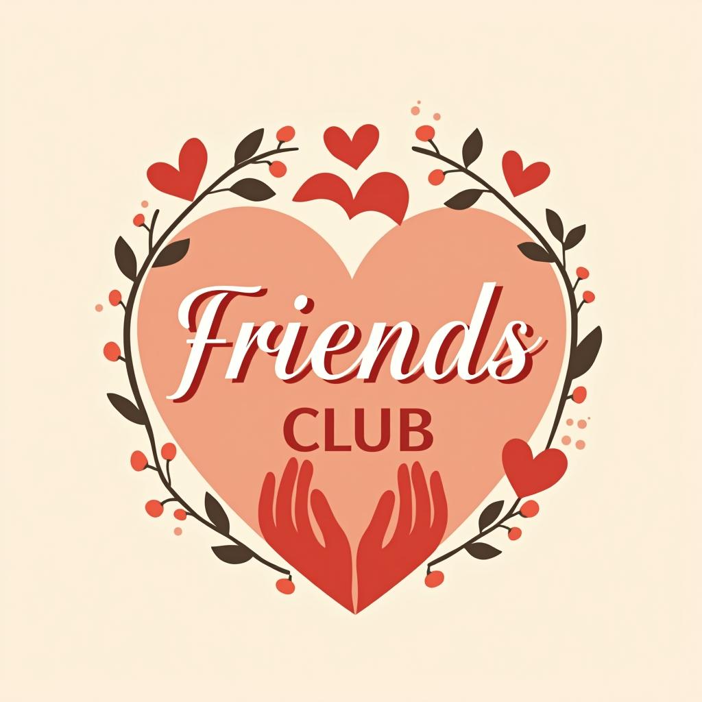  create a romantic themed logo for a group called 'friends club,' inspired by k drama aesthetics. the logo should feature a warm and inviting color palette with elements that evoke friendship and affection, such as hearts, intertwined hands, or subtle floral patterns. include subtle k drama inspired motifs, such as elegant script fonts, dreamy backgrounds, or charming character illustrations. incorporate the text 'friends club' in a stylish, romantic font. the overall design should capture the essence of k drama romance and convey a sense of closeness and warmth