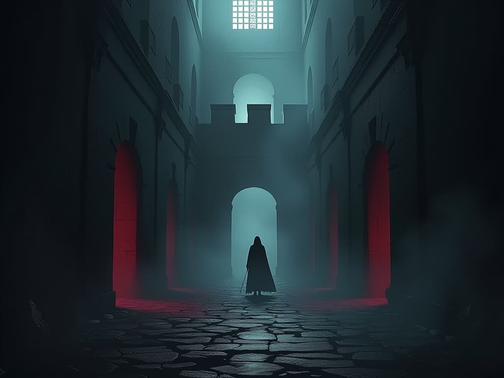  labyrinth of dark stone walls, misty and shadowy, echoes of ancestral voices, air of despair and confusion. the style is digital art illustration / modern comic book / graphic dark novel fantasy and mysterious occult, symbolic, moody lighting, esoteric vibe,high detail on character design. for the color scheme emphasize blacks and reds.