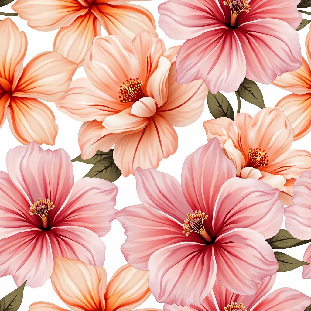  create a seamless digital design featuring a pattern of large, beautiful flowers with soft, watercolor like effects. the flowers should cover the entire surface, creating a bold, elegant, and continuous look. the overall style should be light and airy, with delicate leaves and petals to enhance the natural, floral theme. the design should be seamless to ensure it can be used in repeating patterns or wraps.