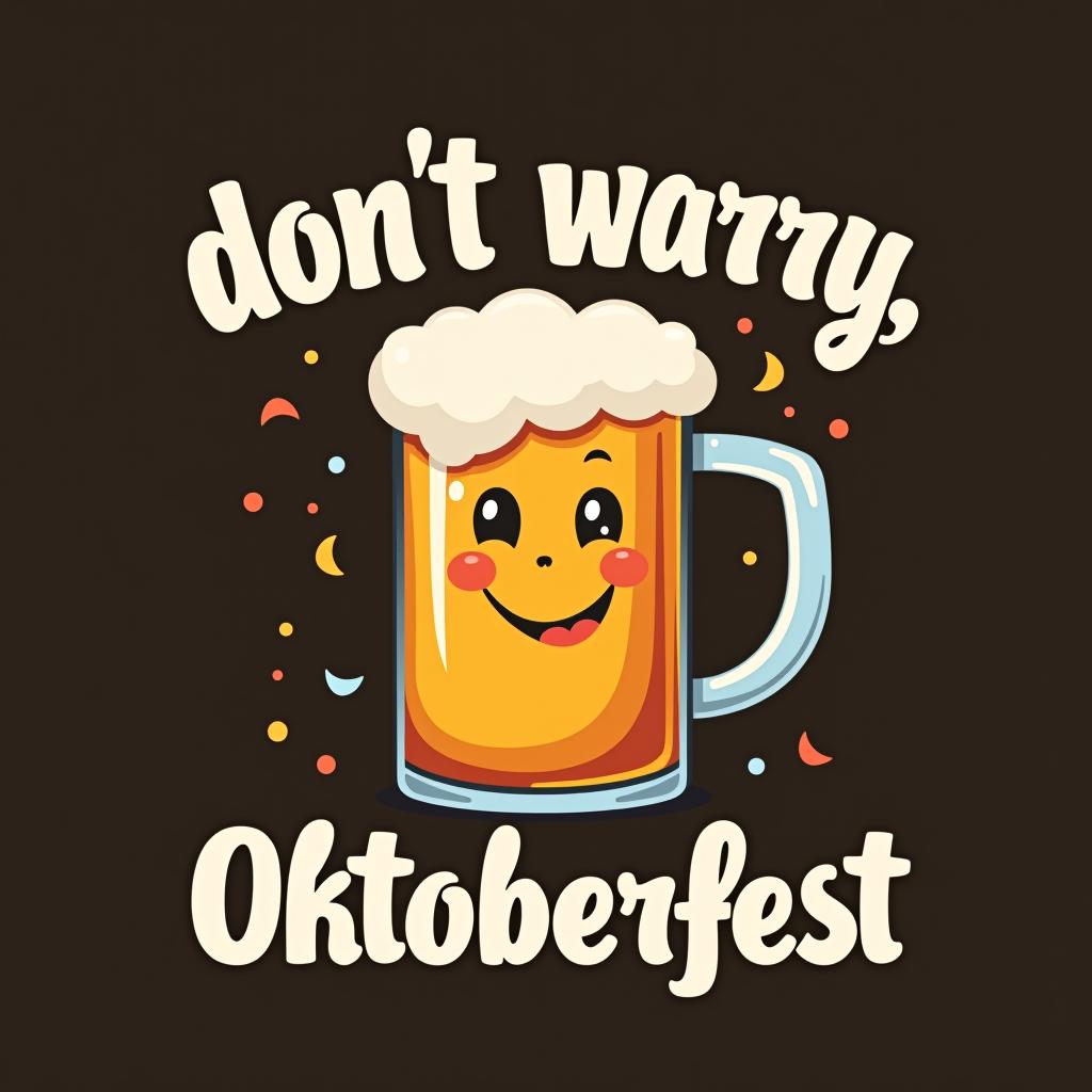  cheerful design with 'don't worry, beer happy.' in wavy font, with a smiling beer mug and festive confetti. place the word oktoberfest at the bottom of the image