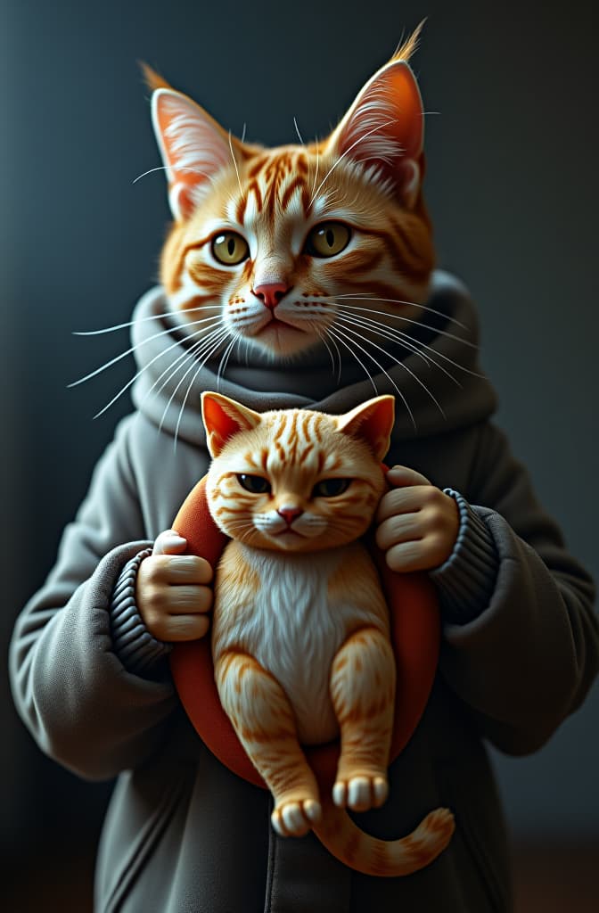  a cat holding a lifecurse hyperrealistic, full body, detailed clothing, highly detailed, cinematic lighting, stunningly beautiful, intricate, sharp focus, f/1. 8, 85mm, (centered image composition), (professionally color graded), ((bright soft diffused light)), volumetric fog, trending on instagram, trending on tumblr, HDR 4K, 8K