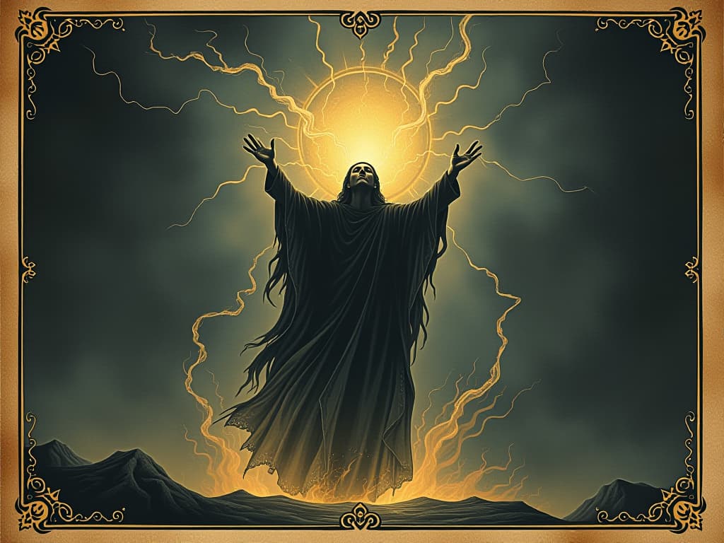  person surrounded by energy, visible currents of power, sense of connection, glowing light, expression of triumph, mystical atmosphere, success, empowerment. an illustration in the style of a worn, mystical old tarot trump card, mysterious and elements of surrealism. the colors are muted, somber and eerie, but with contrast bring out an occult and esoteric vibe.