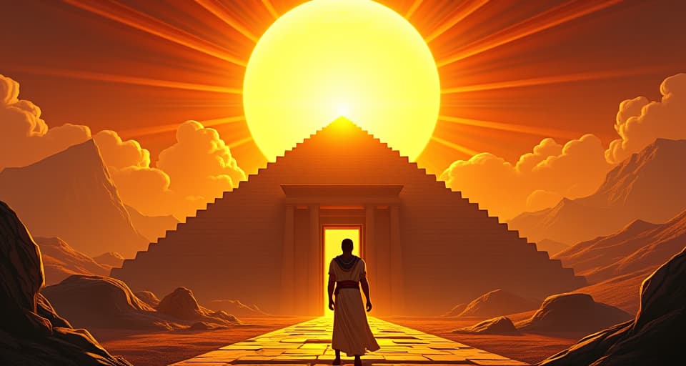  a radiant sun rising above a temple, casting golden rays, symbolizing newfound power and enlightenment. the style is digital art illustration / modern comic book / mysterious occult, symbolic, esoteric vibe,high detail on character design, incorporating ancient egyptian symbology and attire.