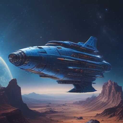 Blue metalic space ship in another universe