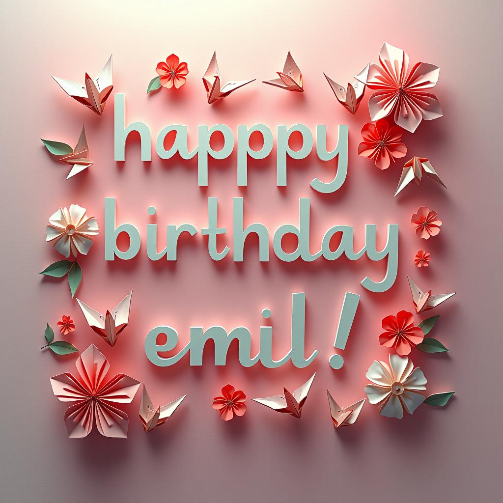  origami inspired design with paper cranes and flowers forming "happy birthday emil!" against a pastel gradient background hyperrealistic, full body, detailed clothing, highly detailed, cinematic lighting, stunningly beautiful, intricate, sharp focus, f/1. 8, 85mm, (centered image composition), (professionally color graded), ((bright soft diffused light)), volumetric fog, trending on instagram, trending on tumblr, HDR 4K, 8K