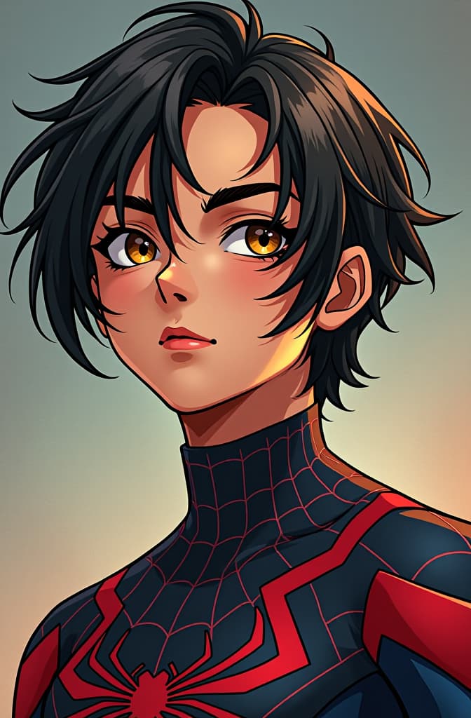  adolescente de cabello rizado, castaño. ojos miel. traje con diseño de telarañas y colores neutros. pestañas grandes y anime. , spiderman, marvel comic panel, comic panel, manga and manhwa style panel, portrait, young person face, spiderverse style, style for marvel comic, anime comic panel style hyperrealistic, full body, detailed clothing, highly detailed, cinematic lighting, stunningly beautiful, intricate, sharp focus, f/1. 8, 85mm, (centered image composition), (professionally color graded), ((bright soft diffused light)), volumetric fog, trending on instagram, trending on tumblr, HDR 4K, 8K