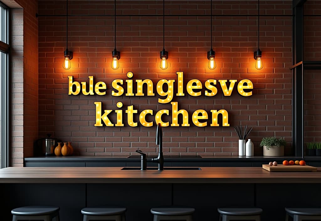  a landscape photo of an industrial style kitchen with exposed brick walls, featuring large scale metal letter cutouts spelling out an inspirational phrase, illuminated by warm edison bulbs hyperrealistic, full body, detailed clothing, highly detailed, cinematic lighting, stunningly beautiful, intricate, sharp focus, f/1. 8, 85mm, (centered image composition), (professionally color graded), ((bright soft diffused light)), volumetric fog, trending on instagram, trending on tumblr, HDR 4K, 8K