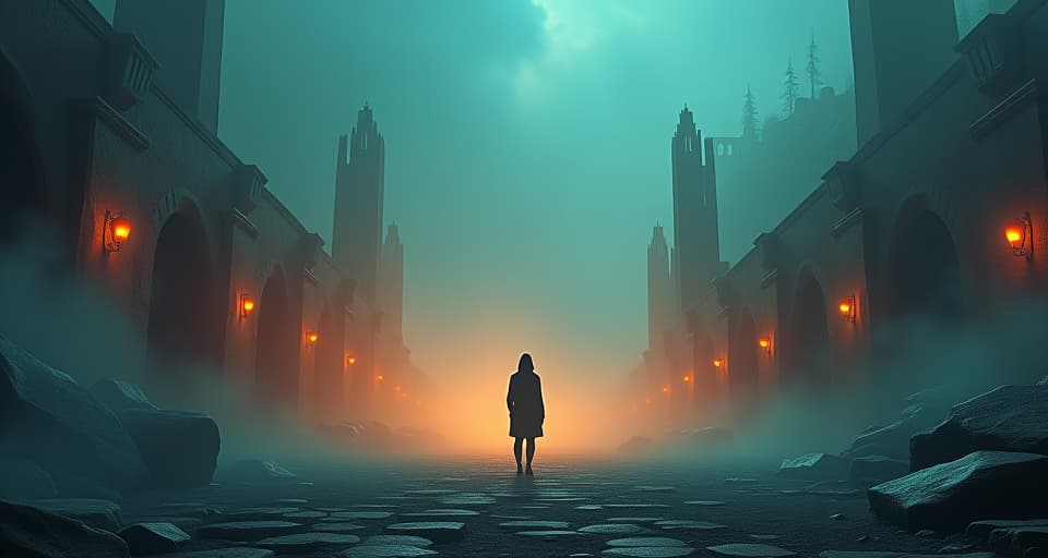  a figure standing alone among the glowing ruins of a once beautiful relationship, in a magical, mist covered landscape. the scene is pervaded by a sense of sorrow and resilience.. the style is digital art illustration,highly detailed, whimsical,magical, dreamlike atmosphere, realism and fantasy blend, smooth, glossy textures,luminous quality, wonder and enchantment.