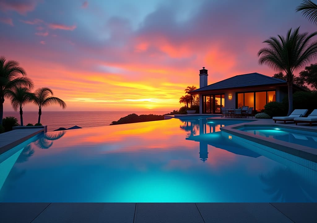  a pool with a house and a sunset