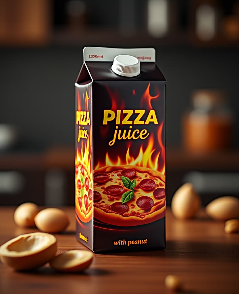  a carton of juice with a picture of a realistic flamed hot pizza on the front on black background, the label says "pizza juice with peanut", realistic, masterpiece, photo realistic, on a kitchen table, hyperrealistic, full body, detailed clothing, highly detailed, cinematic lighting, stunningly beautiful, intricate, sharp focus, f/1. 8, 85mm, (centered image composition), (professionally color graded), ((bright soft diffused light)), volumetric fog, trending on instagram, trending on tumblr, HDR 4K, 8K