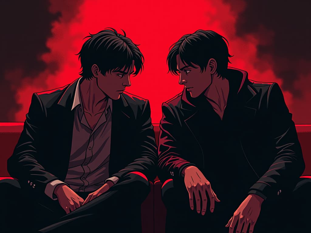  two friends in conversation, one leaning in attentively, another looking weary, air of support but hidden tension. the style is digital art illustration / modern comic book / graphic dark novel fantasy and mysterious occult, symbolic, moody lighting, esoteric vibe,high detail on character design. for the color scheme emphasize blacks and reds.