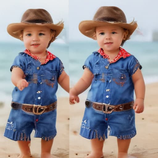 Bebe menino vestido de cowboy na praia