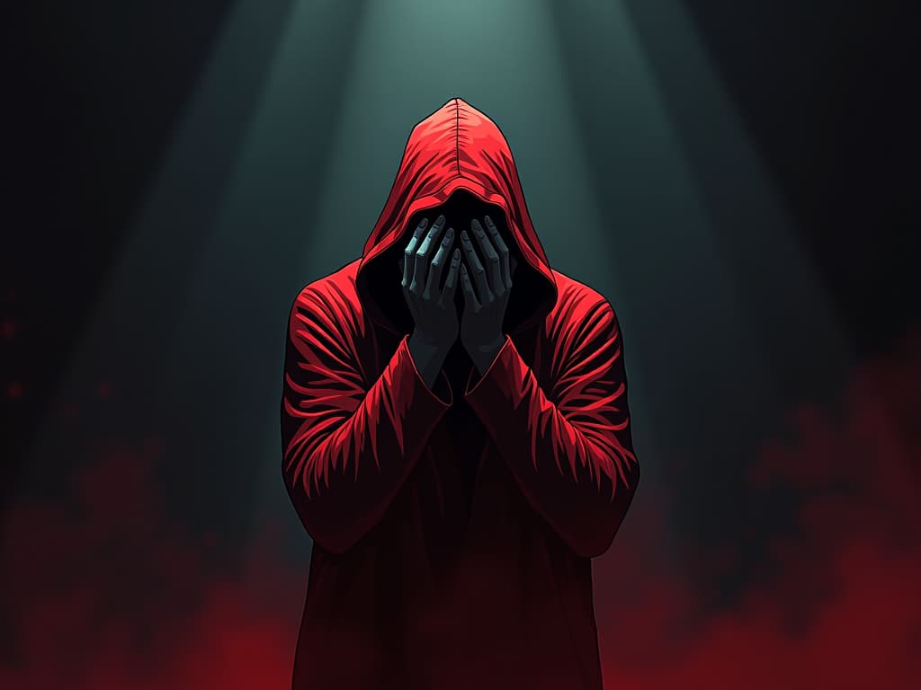  figure in red, alone in a dark room, hands covering face, sense of isolation and internal conflict. the style is digital art illustration / modern comic book / graphic dark novel fantasy and mysterious occult, symbolic, moody lighting, esoteric vibe,high detail on character design. for the color scheme emphasize blacks and reds.