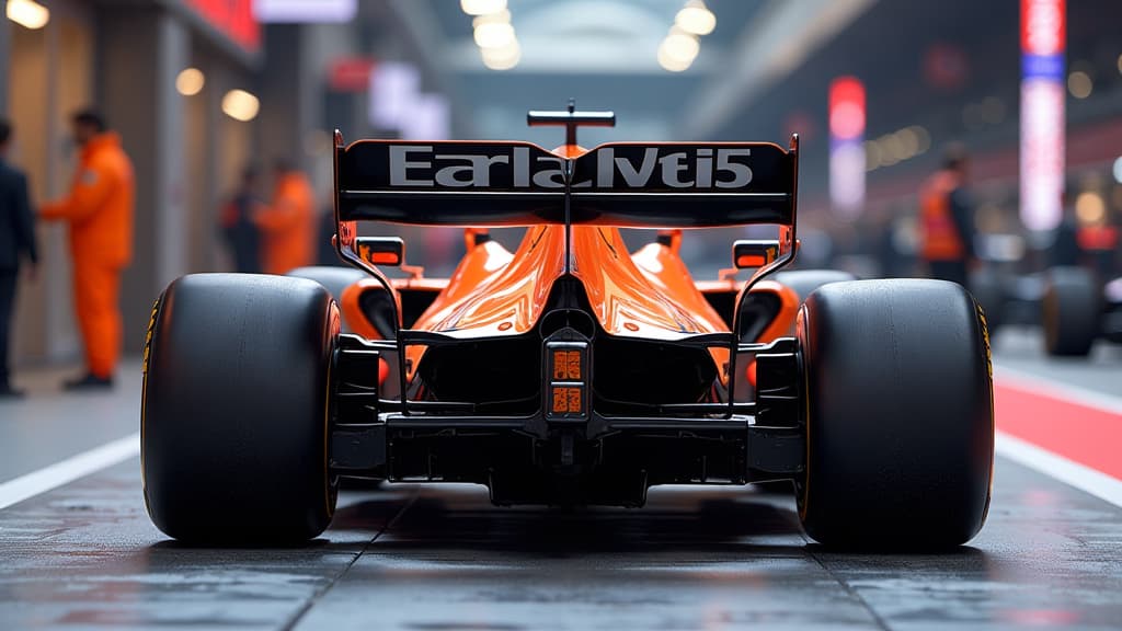  prompt: create a hyper realistic and detailed image showcasing the revolutionary rear wing of the mclaren mcl38 formula 1 car. the composition should highlight the intricate design and innovation of the wing that captured the attention of the formula 1 world at the 2024 azerbaijan grand prix. include mclaren team principal andrea stella overseeing the wing, symbolizing the team's focus on development amidst distractions. emphasize the balance between self confidence and openness to innovations b