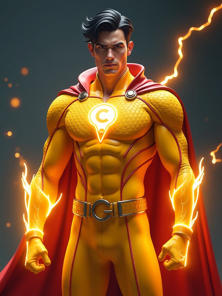  full body photorealistic handsome hunky young cb slender futuristic male hero with black hair wearing a very light yellow micro scale textured costume and,red leather cape, with embossed " c b " on the chest,,and wristbands that manipulate energy , his body is covered with lightning bursting energy,, face front camera focus . in 3d, disney cartoon style