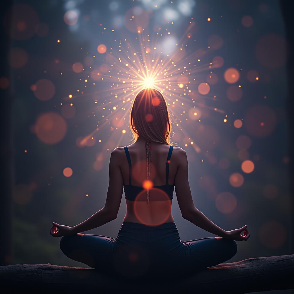  a woman practicing yoga meditation in nature, reaching mindfulness, spiritual awareness and nirvana, surrounded by mystical lights effects