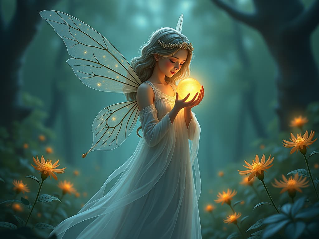  an ethereal fairy dressed in translucent gown, holding a glowing orb in an enchanted forest with bioluminescent flowers. the orb symbolizes inner knowing. mystical, serene, magical.. the style is digital art illustration,highly detailed, whimsical,magical, dreamlike atmosphere, realism and fantasy blend, smooth, glossy textures,luminous quality, wonder and enchantment.