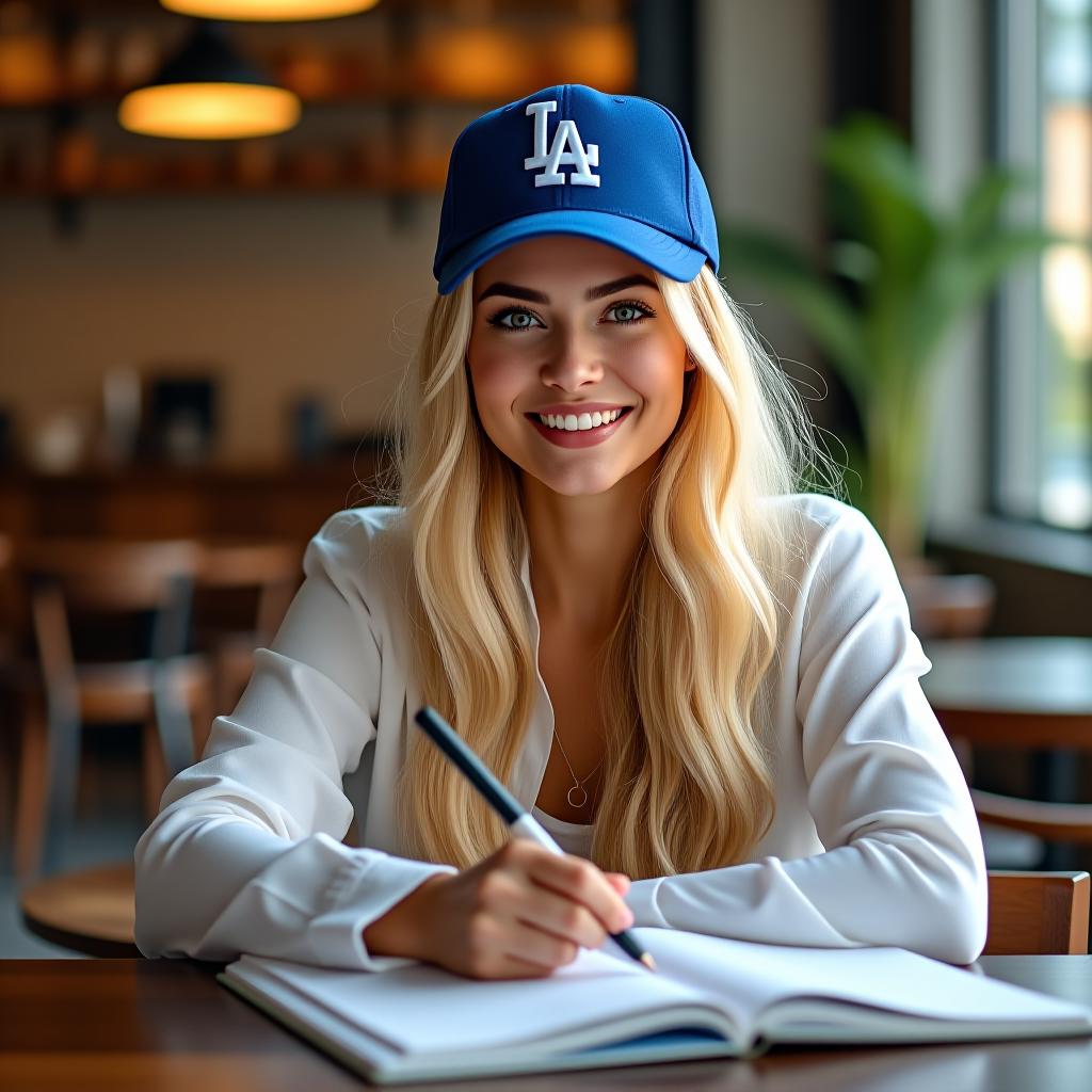  make an image of a white woman with honey blonde hair and an la dodgers cap studying in a cafe accounting