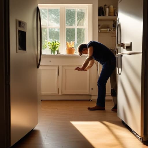 A photo of a skilled repair technician diligently inspecting a malfunctioning refrigerator in a cozy kitchen during the late afternoon golden hour with soft, warm light streaming through the windows, casting long shadows across the counters and appliances.