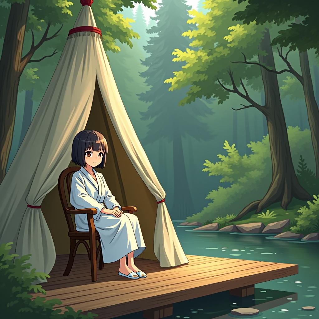  a girl with a bob haircut and highlights, brown eyes, is sitting in a white robe and slippers in a chair next to a tent like structure, standing on a wooden platform in the middle of a forest by the riverbank.