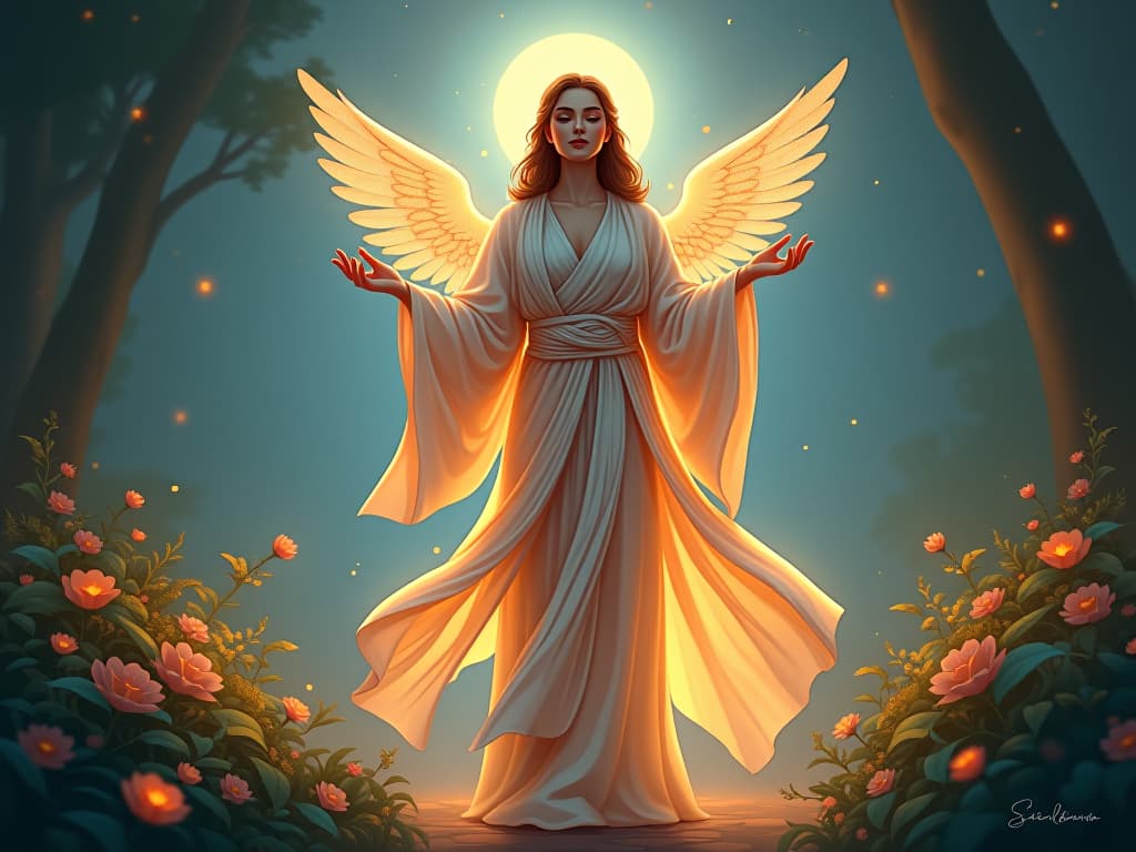  an ethereal being in flowing, glowing robes, standing in an enchanted garden. the environment is serene yet charged with an aura of sacred teaching.. the style is digital art illustration,highly detailed, whimsical,magical, dreamlike atmosphere, realism and fantasy blend, smooth, glossy textures,luminous quality, wonder and enchantment.