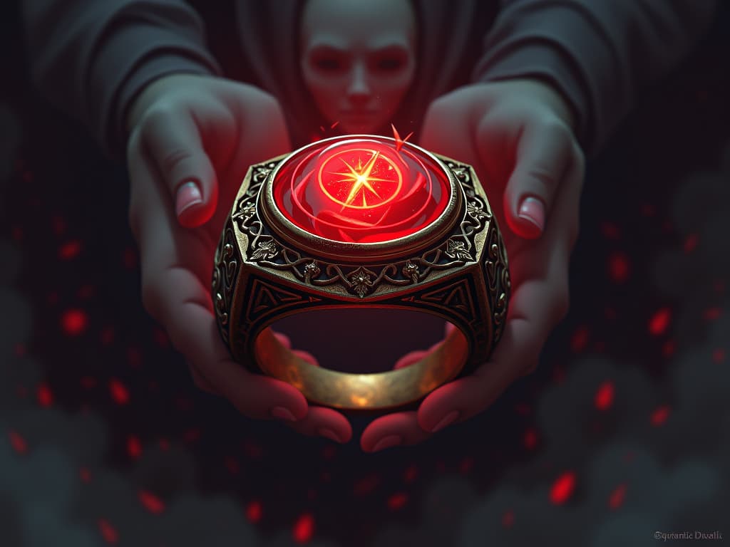  ancient family ring, glowing with dark energy, worn down by generations, surrounded by spectral figures. the style is digital art illustration / modern comic book / graphic dark novel fantasy and mysterious occult, symbolic, moody lighting, esoteric vibe,high detail on character design. for the color scheme emphasize blacks and reds.