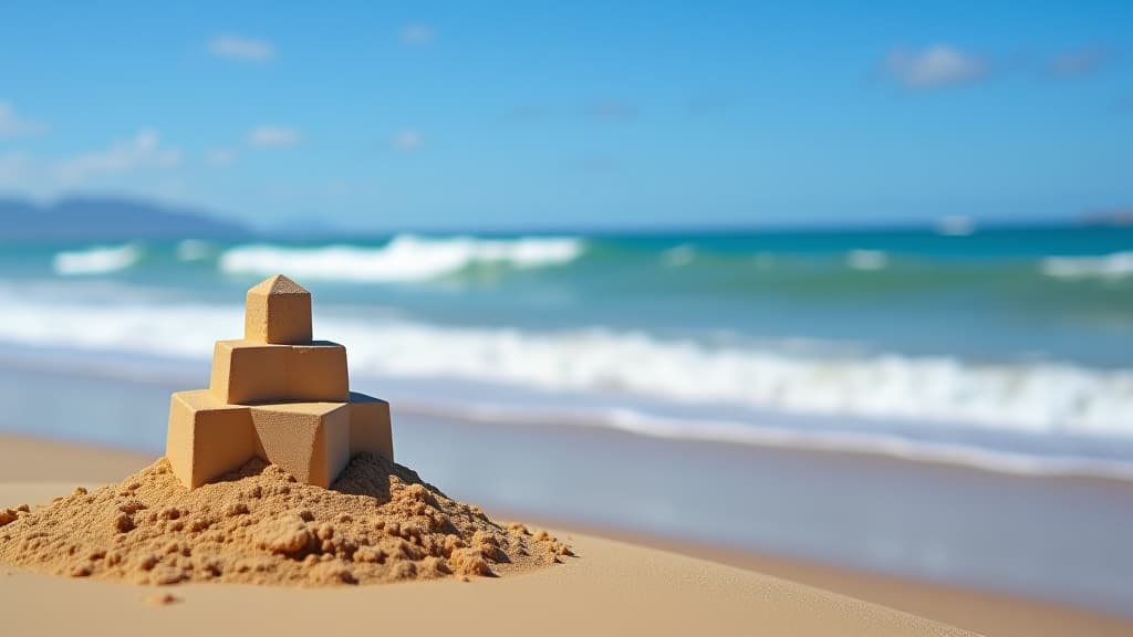  sandcastle on the shore with waves and blue sky