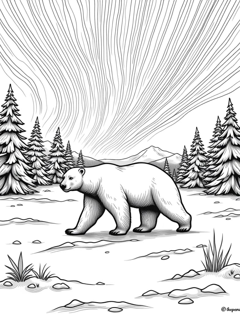  this is for an adult coloring page. a detailed black and white line art of a snowy polar bear walking across a snowy landscape under the northern lights on a solid white background.