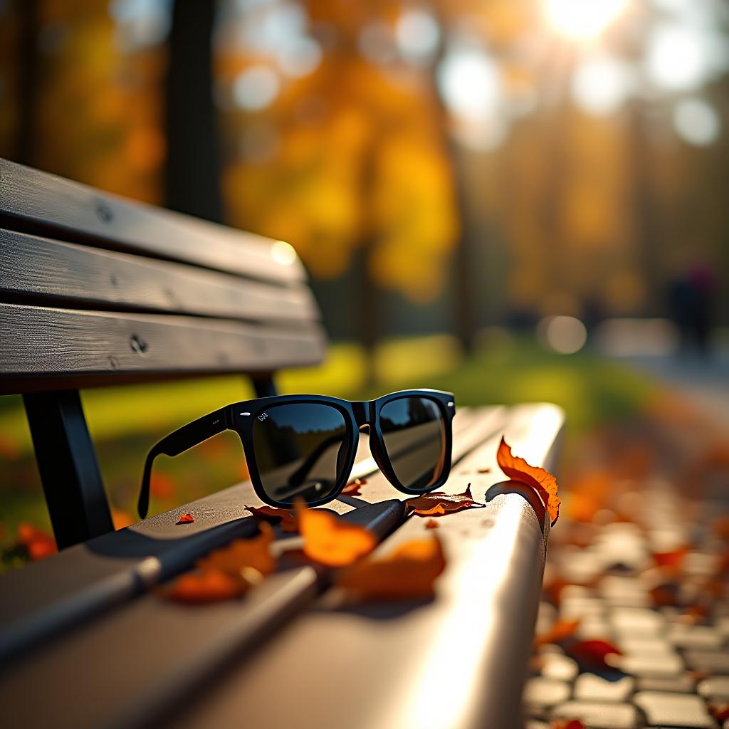  sunglasses on a bench in the park with autumn leaves and sunlight.